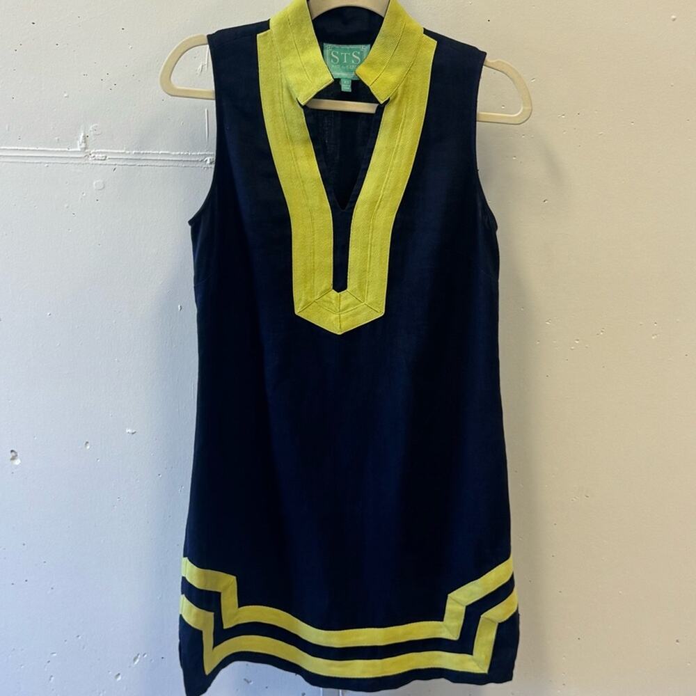 Sail to Sable 100% Linen Navy and Yellow V-neck Sleeveless Mini Dress Tunic XS